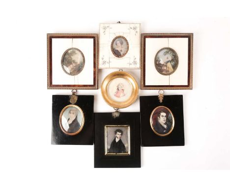 Three 19th century portrait miniatures on ivory of young gentlemen, each in black lacquered frame, a watercolour miniature of