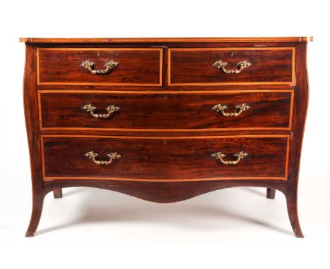 A George III style serpentine satinwood banded mahogany bombe commode. C1900, fitted three long drawers with water gilt rococ
