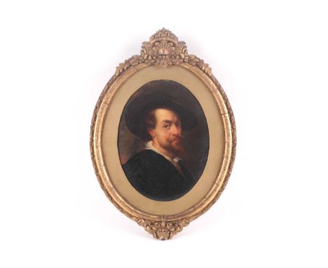 After Peter Paul Rubens, a 19th century copy of the artists self portrait, mounted oval, oil on board, 20.8cm x 15.7cm