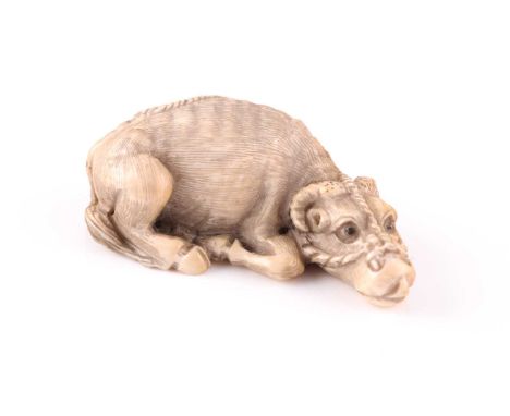 A Japanese carved ivory netsuke in the form of a tethered recumbent oxen in the manner of Tomotada. Meiji period, late 19th c