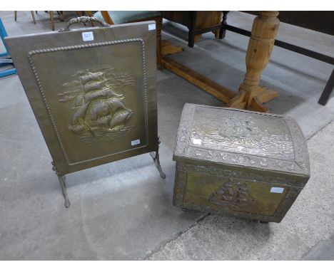 A brass firescreen and coal box