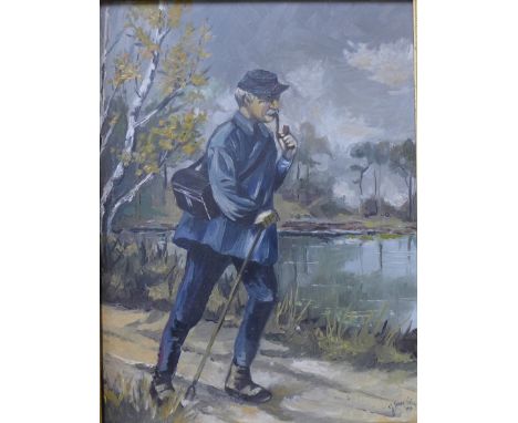 F. Feroz Cedoux, portrait of a man by a river, oil on board, dated 1959, framed, 28 x 38 cms