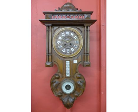 A 19th Century German walnut clock, barometer and thermometer
