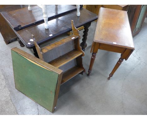 A Victorian mahogany Pembroke table, a card table and wall shelves