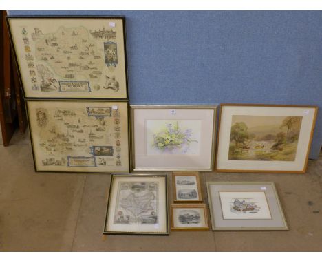 Two hunting prints, embroidery, a print and a watercolour