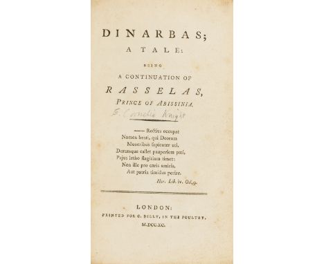 [Knight (Ellis Cornelia)] Dinarbas; a Tale: being a continuation of Rasselas, Prince of Abissinia, first edition, marginal wa