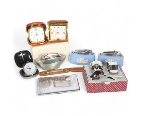 Ronson table lighter, cigarette case, christening set, travel clocks, etc 