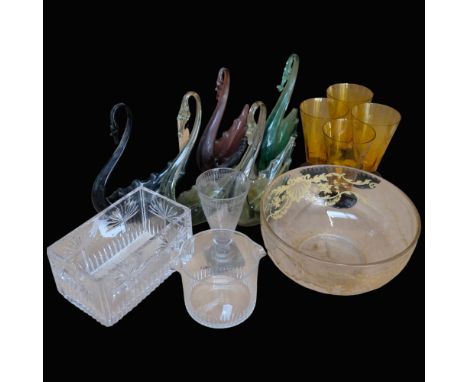 Glass swan ornaments (some damage), Art Deco engraved tumblers, some chips, tea caddy mixing bowl, Antique engraved glass, et