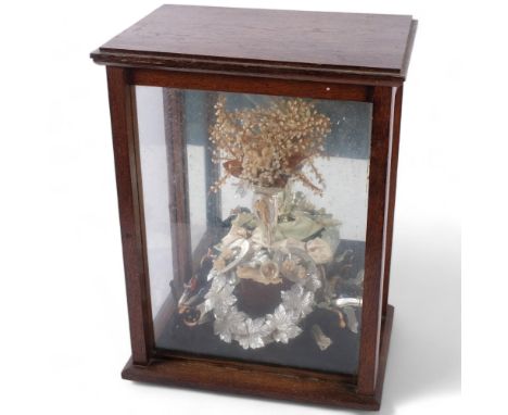 A glazed and mirrored Vintage oak display case, containing wedding memorabilia, H38cm 