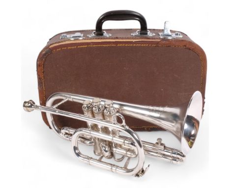 A Besson silver plated cornet, serial no. 462945, in associated hardshell casing with additional accessories 