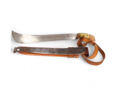 Cuban 2 machetes and a worked leather Cuban scabbard and belt 