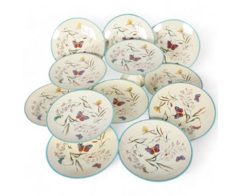 Victorian Bishop & Stonier 12-piece dessert service, including 2 pedestal comports with butterfly and botanical illustrations