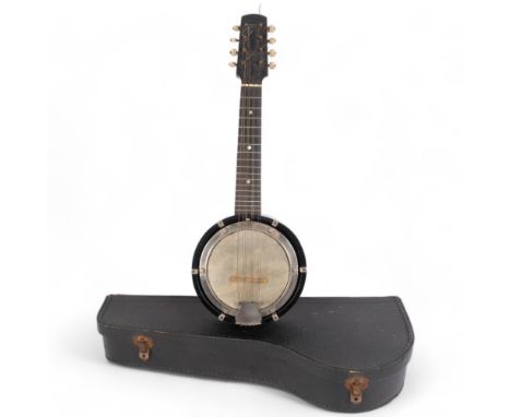 A Vintage English-made 8-string banjo, with associated hardshell case, unmarked 