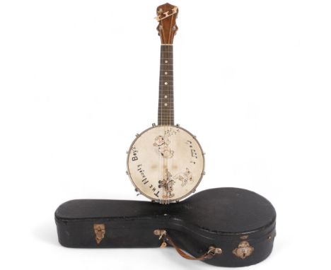 A Vintage 4-string banjo, skin narrated "The Naughty Boys", with pictures depicting various musical animals and animated char