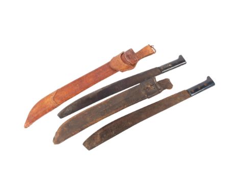 2 South American machetes with leather scabbards, 1 scabbard impressed Cuba, longest including scabbard 64cm 