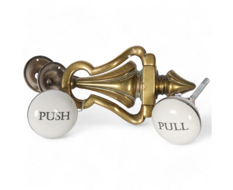 A Victorian brass door knocker, H19cm, and 2 Vintage ceramic door knockers "Pull" and "Push", with associated fittings 
