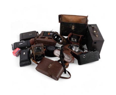 A quantity of Vintage cameras and associated equipment, including a Kodak A-120, various Ensign cameras, a Kodak 3, etc 