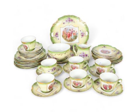 A Continental ceramic part tea service, mint green floral gilded decoration, stamped to the underside of each piece 