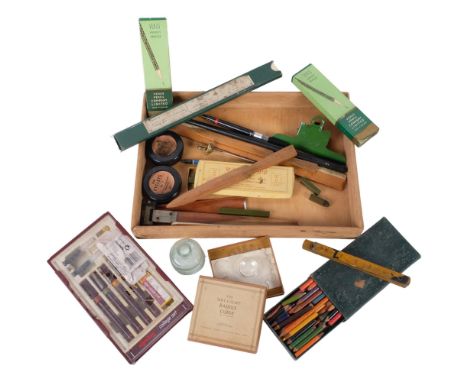A selection Vintage writing utensils, including 2 boxed unopened set of Venus Perfect Pencils, various glass inkwells, Vintag