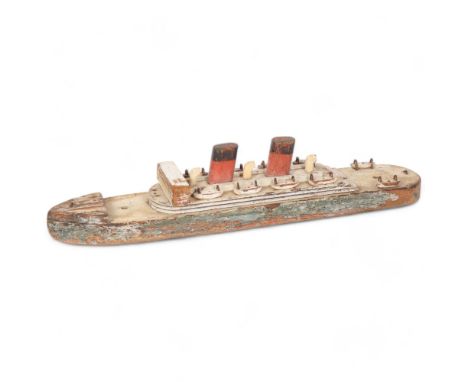 A Vintage painted pine pull-along wooden boat with 2 chimney stacks, L45.5cm 