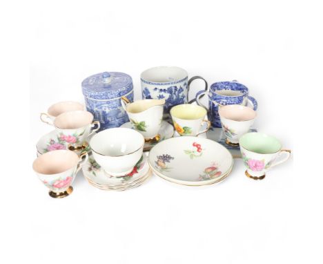 Various rose patterned Harry Wheatcroft design china, including Roslyn and Royal Standard, Spode pot, tyg, Delft tile, and po