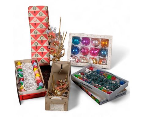 A selection of Vintage Christmas decorations, including a set of Vintage baubles, coloured lights by Pifco and Timothy Whites