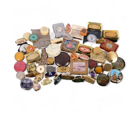 A collection of Vintage compacts, lipstick holders, and rouge pots, including 1935 Silver Jubilee, butterfly wing compact, St