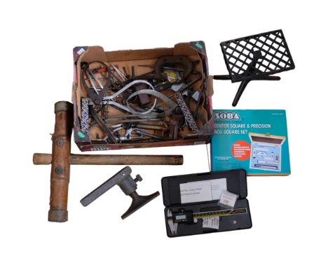 Various tools and drawing instruments, a trivet, AA badge 
