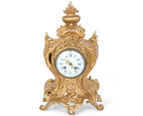 A French gilt-metal mantel clock, 8-day striking movement, white enamel dial and blue Roman numerals, H40cmGood overall condi