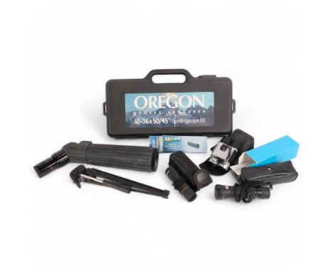 An Oregon rubber armoured 12-36x50/45 degree spotting scope kit, in associated hardshell casing, a Helios 12x25 sport monocul