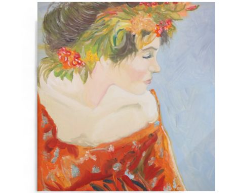 Clive Fredriksson, oil on board, portrait of a young girl with a garland of flowers in her hair, 58cm x 48cm overall, framed 