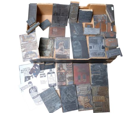 A boxful of Vintage printing blocks, including Gordon's Gin, 18cm x 11cm, with some printed examples 