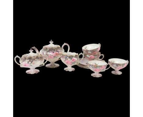 Vintage Japanese porcelain tea service for 4 people, including teapot, with pink rose decoration 