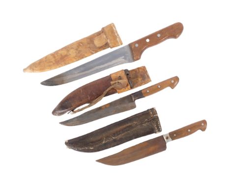 3 South American Gaucho knives, 2 with leather scabbards and another with a hide scabbard 
