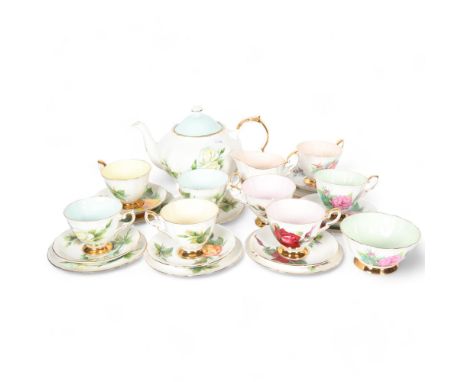 Vintage Paragon china tea service, including teapot, picturing Harry Wheatcroft roses 