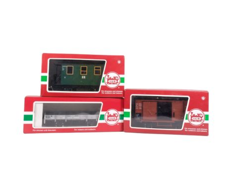 LGB THE BIG TRAIN - a group of 3 G gauge goods wagons, including model nos. 30094, 40353, 41100, near unused and in original 