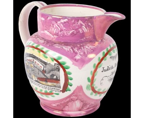 A large 19th century Sunderland lustre pitcher, "Judith Roberge, 1841", on one side a west view of Ironbridge at Sunderland, 