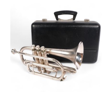 A Boosey &amp; Hawkes silver plated cornet, serial no. 535346, in associated hardshell casing with additional accessories