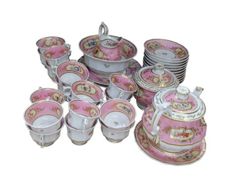 A Victorian porcelain teapot, sucrier and jug, and 17 cups, 11 saucers, 2 plates and slop bowl 