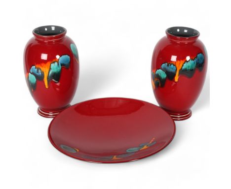 A pair of Poole Delphis vases, 20cm, and matching dish 