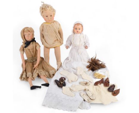 3 Vintage soft-bodied dolls, including 1 with composition head, H35cm, in white dress 