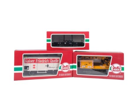 LGB THE BIG TRAIN - a group of 3 G gauge goods wagons and tankers, including model nos. 45500, 40420, and 40265, near unused 