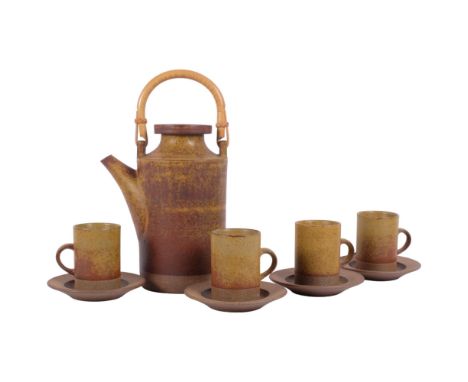 Robin Welch, a 1970s Studio pottery coffee pot and 4 matching coffee cups and saucers, with maker's marks