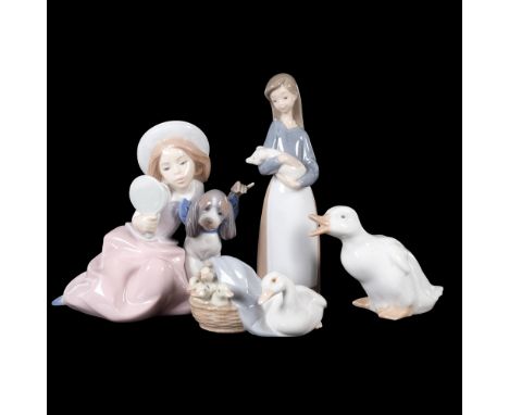 Lladro girl with mirror and puppy, H13.5cm, 2 other Lladro ornaments, and a NAO duck 