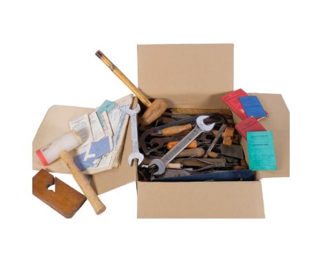 A box of hand tools, including hammers, chisels and spanners 
