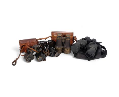 A selection of Vintage binoculars, including a pair of Prismoid Aero Binocular Club binoculars, a pair of Dollond London bino