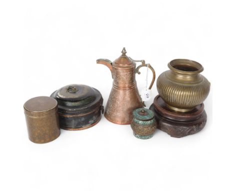 A Cairo Ware style Dallah coffee pot, H22.5cm, a brass ribbed vase, a Tibetan style inlaid turquoise vessel with lid, a coppe