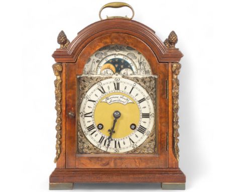 A burr-walnut dome-top mantel clock, a brass French 8-day movement with moon phase, retailed by Thomas Smith of London, case 