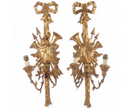 A pair of modern giltwood wall sconce light fittings, each has 2 gilt-metal branches for associated light fittings, musical a