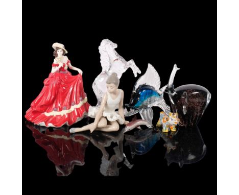 Coalport lady, NAO ballet dancer, Russian pottery cow, and 4 Art glass figures 